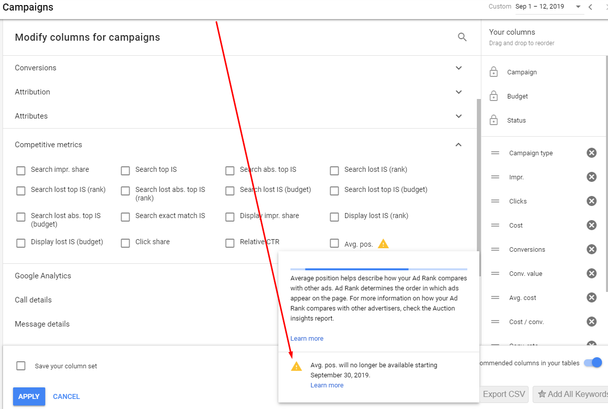 google ads removes avg position