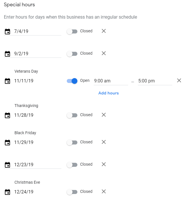 google my business special hours
