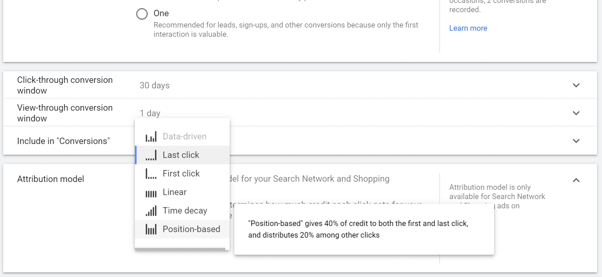 Google Ads Attribution Model Settings